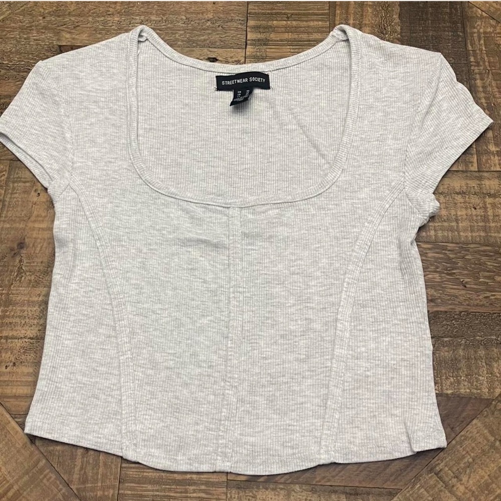 Streetwear Society ribbed short sleeve crop top with square wide scoop neckline